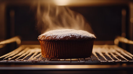 A dramatic shot of a chocolate souffl rising in the oven, with a rich brown color and a dusting of powdered sugar on top, emphasizing its airy textureの素材