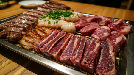 A platter of different types of raw meat cuts, such as lamb chops, beef steaks, and pork ribs, neatly arranged on a metal tray for cookingの素材