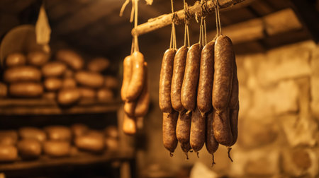 A serene image of sausages hanging in a traditional smokehouse, with a rustic background, capturing the artisanal process of sausage-making and smokingの素材