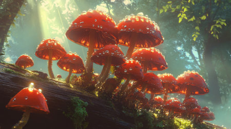 A group of mushrooms on a log, each topped with glistening dew droplets, captured in soft morning light filtering through the treesの素材