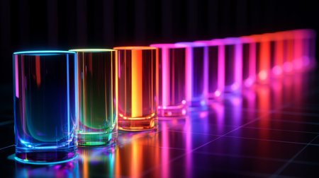 A row of vibrant, glass-like bars in a financial bar chart, with each bar glowing softly against a sleek, dark grid background, representing economic growthの素材