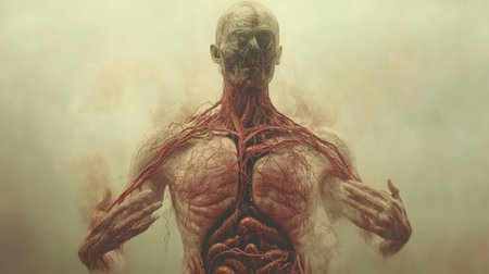 A scientific illustration of the human circulatory system, with detailed arteries and veins, focusing on the flow of blood through the bodyの素材