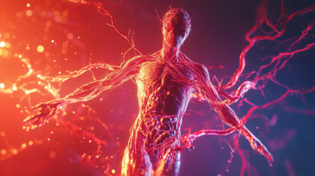 A scientific illustration of the human circulatory system, with detailed arteries and veins, focusing on the flow of blood through the bodyの素材