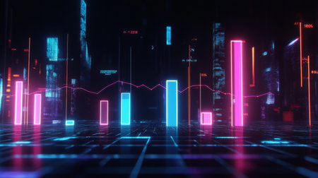 A high-tech bar chart featuring glowing neon bars, representing financial trends, set against a dark backdrop with floating data labels and percentage points.の素材