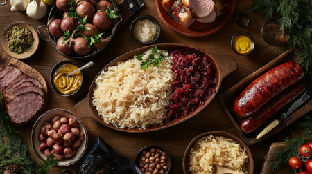 An inviting shot of a sausage platter served with sauerkraut and mustard, beautifully arranged on a wooden table, perfect for a hearty German-style mealの素材