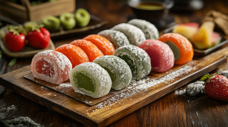 A colorful assortment of daifuku displayed on a wooden board, showcasing different fillings like matcha, strawberry, and mochi, with fresh fruits alongsideの素材