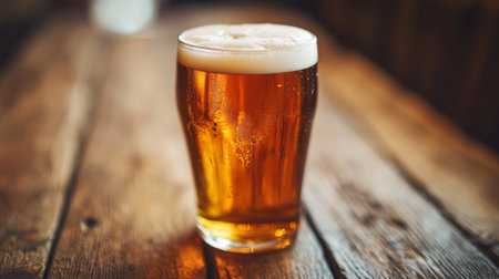 A close-up of a frosty pint glass filled with golden lager, topped with a thick, creamy head, set against a rustic wooden table with soft lightingの素材