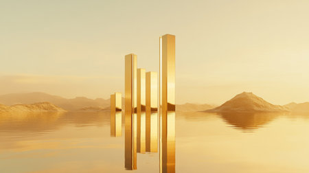 A clean, minimalist D bar chart with sleek, glossy bars in different heights, each representing financial growth over time, set against a neutral backdropの素材