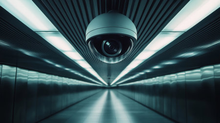A close-up of a dome-shaped security camera on a smooth metal ceiling inside a sleek, futuristic building corridorの素材