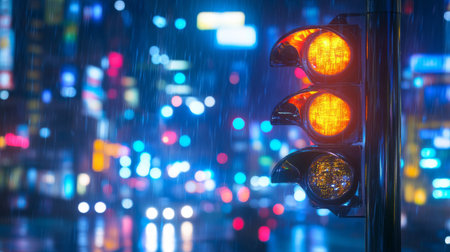 A close-up of a traffic light with all three signals illuminated, showcasing the intricate designs and colors, set against a blurred city backdropの素材
