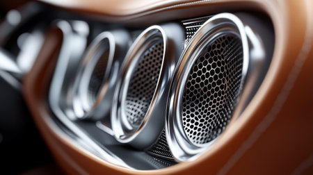 A close-up of a premium car speaker system with chrome detailing and illuminated edges, integrated into a leather door panel with precision craftsmanshipの素材
