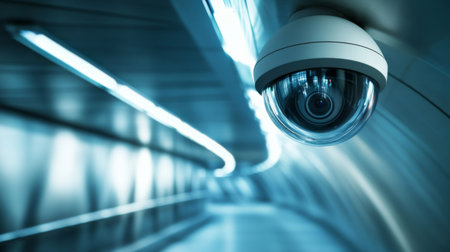 A close-up of a dome-shaped security camera on a smooth metal ceiling inside a sleek, futuristic building corridorの素材