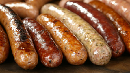 A close-up of various types of sausages in their natural casing, with a rustic backdrop, emphasizing the artisanal quality and craftsmanship involved in making themの素材
