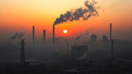 A powerful image of a city skyline shrouded in smog and pollution, with the sun barely visible, illustrating the effects of greenhouse gas emissions on urban environmentsの素材