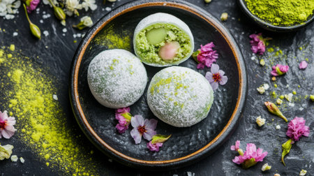 A high-angle view of a sliced daifuku revealing its vibrant filling, surrounded by scattered matcha powder and edible flowers for an elegant touchの素材