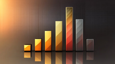 A futuristic financial bar chart with glowing bars in metallic tones, displayed on a reflective surface with subtle digital elements in the backgroundの素材