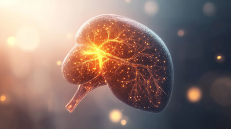A medical illustration of a human liver with its lobes and blood vessels clearly visible, floating in a minimalistic space with soft lightingの素材