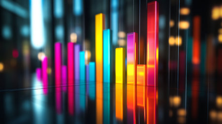 A D bar graph with tall, glossy pillars in various colors rising from a reflective surface, symbolizing financial growth and performance analysisの素材