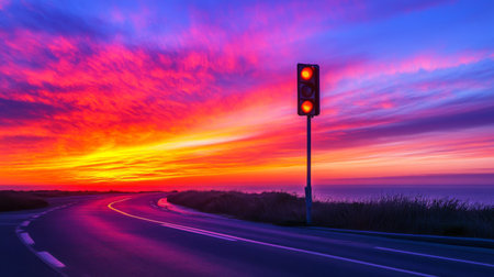 A low-angle shot of a traffic light against a vibrant sunset sky, with the light casting long shadows on the ground, creating a dramatic and colorful sceneの素材