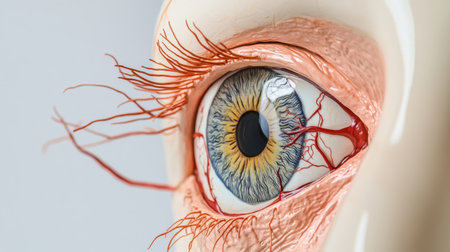 A close-up of a human eye anatomy model, with detailed structures like the cornea, iris, and optic nerve, set against a neutral backgroundの素材