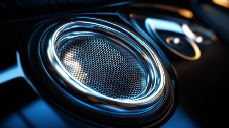A high-quality car speaker with a mesh grille design, mounted in the door panel of a luxury car, with soft lighting casting reflections on the sleek surfaceの素材