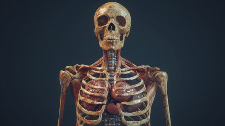 A realistic D rendering of a human skeletal system, focusing on the ribcage and the organs within, including the heart and lungsの素材