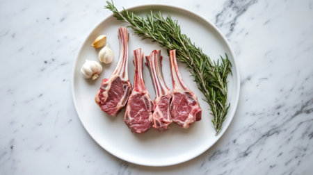 A high-angle shot of raw lamb chops arranged on a clean white plate, with rosemary sprigs and garlic cloves adding a touch of natural decorationの素材