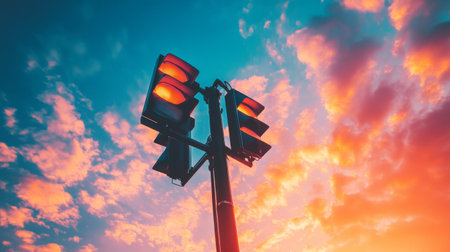 A low-angle shot of a traffic light against a vibrant sunset sky, with the light casting long shadows on the ground, creating a dramatic and colorful sceneの素材