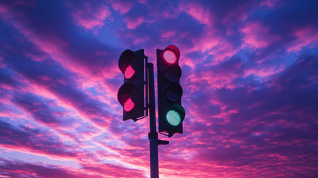 A low-angle shot of a traffic light against a vibrant sunset sky, with the light casting long shadows on the ground, creating a dramatic and colorful sceneの素材