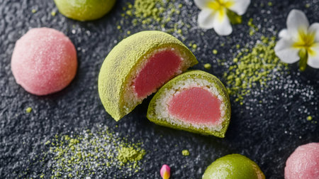 A high-angle view of a sliced daifuku revealing its vibrant filling, surrounded by scattered matcha powder and edible flowers for an elegant touchの素材