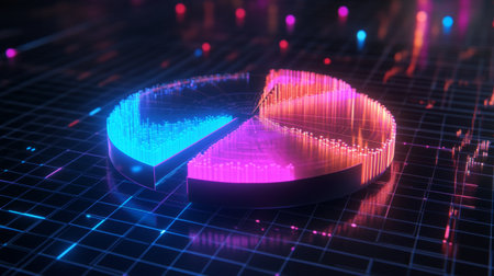 A futuristic D pie chart with floating segments, each glowing with neon lights, set against a dark grid background, representing financial data visualizationの素材