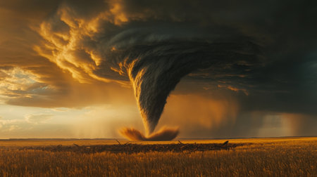 A dramatic view of a tornado forming in the distance, swirling dark clouds and debris against a moody sky, with golden fields in the foregroundの素材