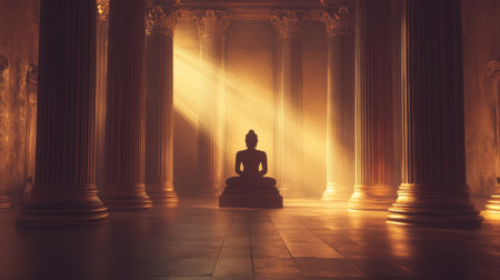 An artistic composition of a Buddha statue silhouette framed by ornate columns, with soft light filtering through, capturing the essence of spiritual beauty.の素材