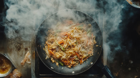 An overhead view of a skillet filled with fresh stir-fried vegetables and proteins, with bright colors and steam creating a lively and appetizing scene.の素材