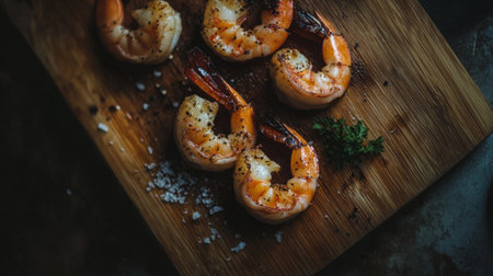 An artistic shot of grilled shrimp on a wooden cutting board, with a sprinkle of sea salt and pepper, highlighting the simplicity and freshness of the dish.の素材