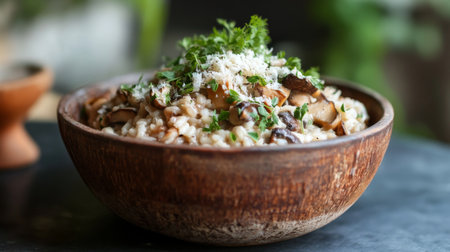 An elegant arrangement of mushroom risotto served in a rustic bowl, topped with fresh herbs and cheese, highlighting a comforting and flavorful dish.の素材