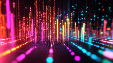 A D bar chart in vibrant colors representing financial growth, with glowing data points and a futuristic digital background in a business setting.の素材