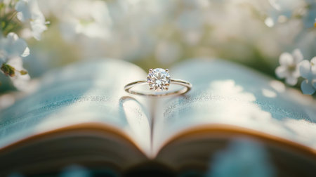 An artistic image of a diamond engagement ring sitting atop an open book, with a soft-focus floral background, creating a romantic ambiance.の素材