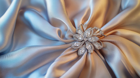 An elegant composition featuring a diamond brooch on a classic silk scarf, showcasing the intricate design and luxurious appeal of the jewelry.の素材
