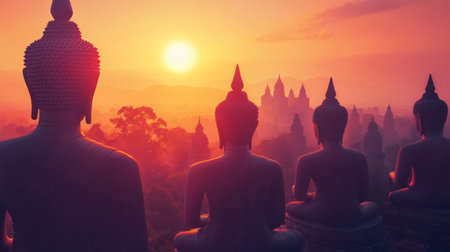 A captivating view of multiple Buddha statue silhouettes during dawn, with the first light of day casting long shadows, symbolizing hope and new beginnings.の素材