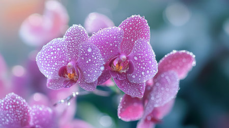 An enchanting image of purple orchids with crystal-clear water droplets clinging to their smooth petals, capturing the beauty and allure of these exotic flowers.の素材