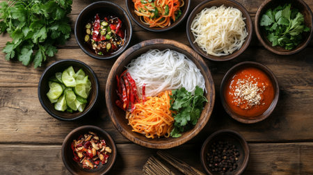 An inviting image of a rustic wooden table set with bowls of rice noodles and various curry sauces, showcasing the diversity of flavors in a Thai meal.の素材
