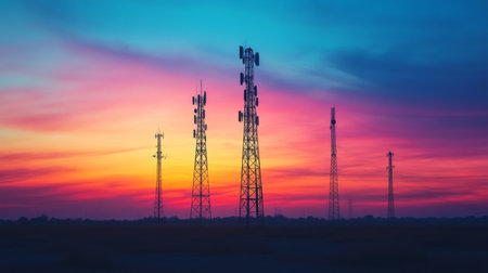 An artistic composition of multiple cell phone towers lined up against the horizon, with a colorful sunset, representing the expansion of communication networks.の素材