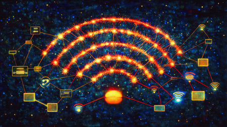 An artistic representation of data flowing through the air as Wi-Fi signals, illustrated with bright lines and symbols connecting various devices.の素材