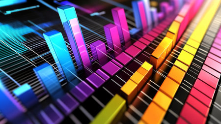 A D bar graph with bright, metallic bars showing financial data in a minimalist setting, with a modern, sleek digital interface in the background.の素材