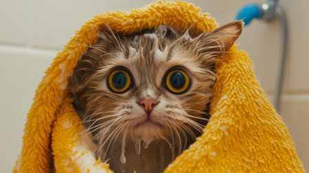 An endearing view of a cat wrapped in a fluffy towel, peeking out with wet fur, creating a sense of warmth and comfort after a refreshing bath.の素材