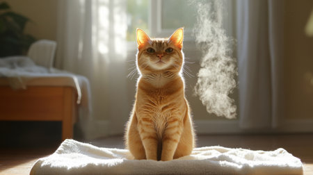A charming image of a cat sitting on a towel with a satisfied expression after its bath, with steam rising in the background, creating a cozy atmosphere.の素材