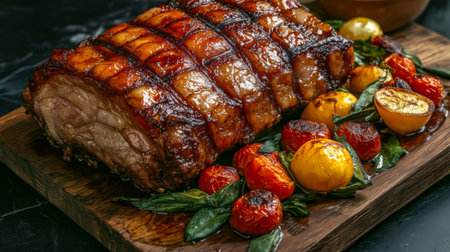 A beautifully roasted pork belly with crackling skin, served on a wooden platter with a rich sauce and seasonal vegetables for an elegant meal.の素材