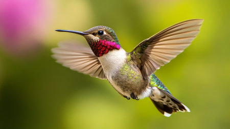 A close-up of a hummingbird hovering in mid-air, with iridescent feathers glistening, capturing the incredible detail of its wings in motion.の素材