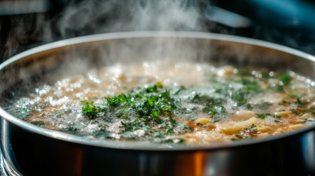A close-up of a simmering pot on the stove, with steam rising and herbs sprinkled on top, capturing the essence of home-cooked meals.の素材